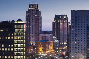 Images Dated 27th April 2016: USA, Rhode Island, Providence, city skyline from Prospect Terrace Park at dusk