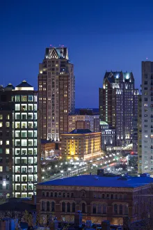 Rhode Island Prints: USA, Rhode Island, Providence, city skyline from Prospect Terrace Park at dusk