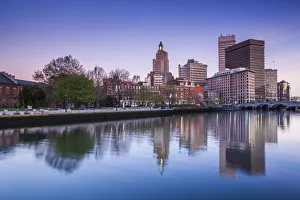 Images Dated 28th April 2016: USA, Rhode Island, Providence, city skyline from the Providence River at dawn