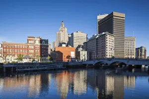 Images Dated 28th April 2016: USA, Rhode Island, Providence, city skyline from the Providence River at dawn