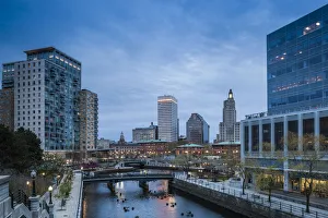 Images Dated 28th April 2016: USA, Rhode Island, Providence, city skyline from Waterplace Park at dusk