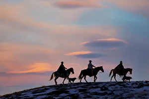 Images Dated 9th June 2022: USA, Shell, Wyoming. Hideout Ranch cowboys and cowgirls silhouetted against sunset riding on ridgeline