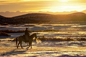 Images Dated 9th June 2022: USA, Shell, Wyoming. Hideout Ranch sunset and silhouetted cowboy. (PR, MR)