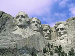 USA, South Dakota. View of Mount Rushmore National Monument presidential faces carved in hillside