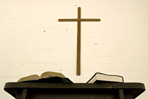 Bible Prints: USA, Tennessee, Cades Cove. Close-up of cross, bible, book, and pulpit in church