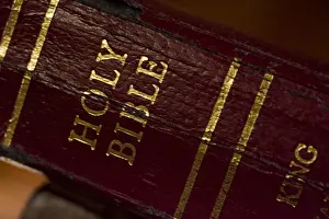 Bible Prints: USA, Tennessee, Cades Cove. Close-up of weathered Holy Bible binding. Credit as