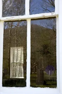Smoky Mountains Prints: USA, Tennessee, Cades Cove. A window through a church window and a reflection of trees