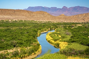USA, Texas, Big Bend National Park. Landscape with Rio Grande River and Chisos Mountains