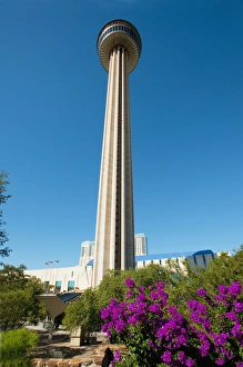 USA, Texas, San Antonio, HemisFair Park, Tower of the Americas, framed with flowers