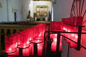 Mission Prints: USA, Texas, Votive candles in the chapel of the mission San Juan Capistrano founded