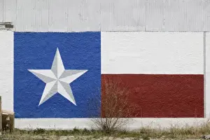 Red White And Blue Prints: USA, TEXAS, West Texas, Marathon: Texas Flag painted on building