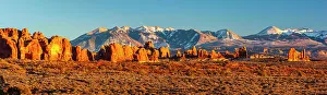 USA, Utah, Arches National Park. Panoramic of La Sal Mountains and Parade Of Elephants formations