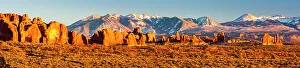 La Sal Mountain Prints: USA, Utah, Arches National Park. Panoramic of Parade of Elephants rock formations