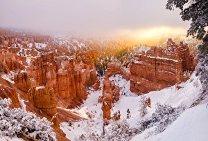 Images Dated 14th January 2015: USA, Utah, Bryce Canyon National Park, Panoramic view of sunrise peeking through the fog