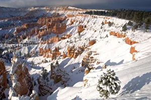 Images Dated 18th May 2021: USA, Utah, Bryce Canyon National Park. Winter sunrise on snow-covered landscape