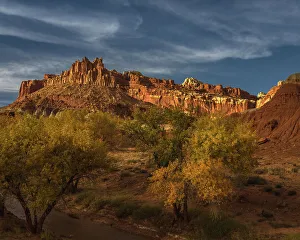 Images Dated 2023 April: USA, Utah, Capital Reef National Park. Sunrise on mountain formations and trees