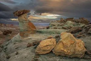 Badland Prints: USA, Utah, Capital Reef National Park. Cloudy sunrise on rock formations