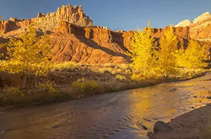 Images Dated 2nd April 2019: USA, Utah, Capitol Reef National Park. The Castle formation and Fremont River. Credit as