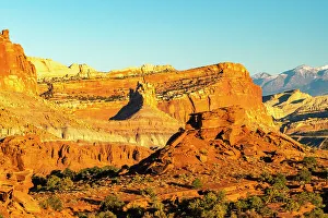 Images Dated 4th October 2022: USA, Utah, Capitol Reef National Park. Eroded rock formations and mountain