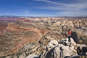 Images Dated 16th March 2007: USA, Utah, Capitol Reef National Park. A female hiker on the summit of Ferns Nipple