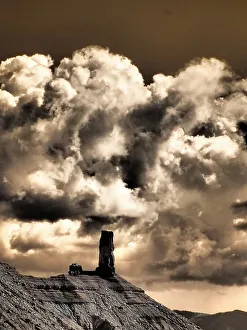 Fisher Tower Prints: USA, Utah. Infrared of Fisher Towers with large clouds