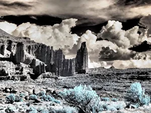 Infrared Prints: USA, Utah. Infrared of Fisher Towers with large clouds