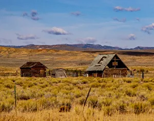 Gold Color Prints: USA, Utah, old wooden barn and shed along highway 39 west of Woodruff