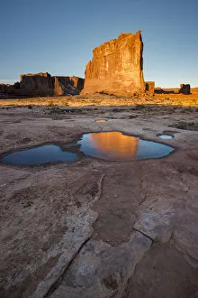 Landscape-Scenic Prints: USA, Utah. The Organ reflected in an ice covered pool, Arches National Park