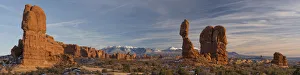 Landscape-Scenic Prints: USA, Utah. Panoramic image of Balanced Rock at sunset, Arches National Park