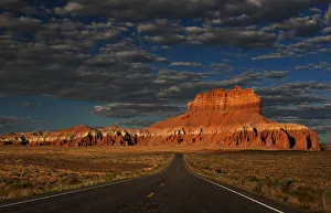 Highway Prints: USA, Utah. Sunrise on highway into Wild Horse Butte