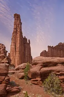 USA, Utah. Sunset on Fisher Towers sandstone formations