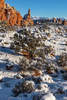 Geological Formation Prints: USA, Utah. Winter snowfall in Arches National Park