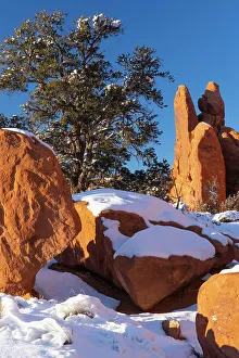 Geological Formation Prints: USA, Utah. Winter snowfall in Arches National Park