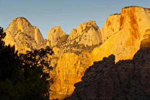 Zion Prints: USA, Utah, Zion National Park. Contrast of sunlight and shadow on rock formations