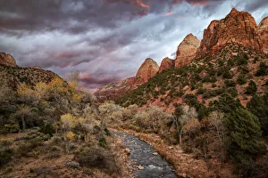 Images Dated 18th September 2019: USA, Utah, Zion National Park, A fiery sunset lights up Zion