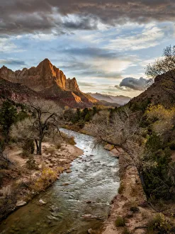 Images Dated 18th September 2019: USA, Utah, Zion National Park, Sunset lights up The Watchman and the Virgin River