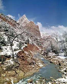 Zion Prints: USA, Utah, Zion NP. Fresh snow sprinkles the red cliffs near the Virgin River in Zion National Park