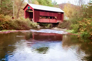Painterly Prints: USA, Vermont. Abstract of covered bridge and stream