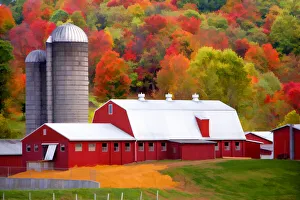 Jim Zuckerman Prints: USA, Vermont. Abstract of red barn and silo in autumn