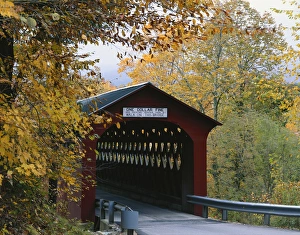 Communication Prints: USA, Vermont, Chisleville Bridge, Battenkill, Entrance to covered bridge with fall