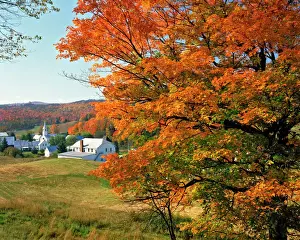 Vermont Prints: USA, Vermont, East Corinth. Fall colors framing church and town. Credit as: Steve