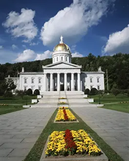 State Capitol Building Prints: USA, Vermont, Montpelier, Vermont State Capitol and flower beds leading up to entrance