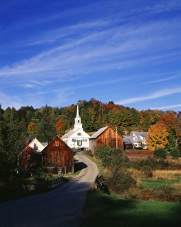 Northeast Kingdom Prints: USA, Vermont, Northeast Kingdom, Waits River, View of church and barn in autumn