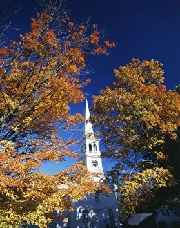 Low Angle View Prints: USA, Vermont, Northeast Kingdom, Peacham, Peacham Congregational church in autumn
