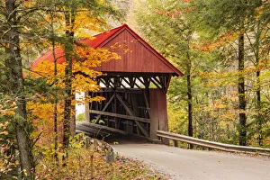 Vermont Prints: USA, Vermont, Stowe, Sterling Valley Road covered bridge in fall foliage