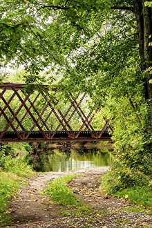 Vermont Prints: USA, Vermont, Whiting. 1896 metal railroad trestle bridge over tributary to Otter Creek