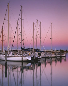 USA, Virginia, Chesapeake Bay, Sailboats at Dusk