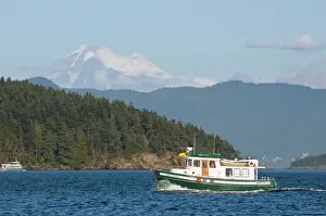 Recreation Prints: USA, WA, San Juan Islands. Tug style motor cruiser makes way through Bellingham Channel
