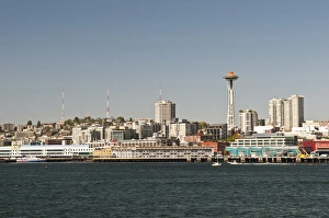 USA, WA, Seattle. Downtown skyline and Alaskan Way waterfront as seen from Bainbridge ferry