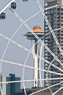 USA, WA, Seattle. Dramatic downtown waterfront includes iconic Space Needle